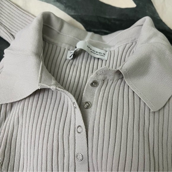 ZARA Grey Ribbed Button Down Long-Sleeve Collared Shirt Sweater Top Slim Shirt M - Picture 12 of 16